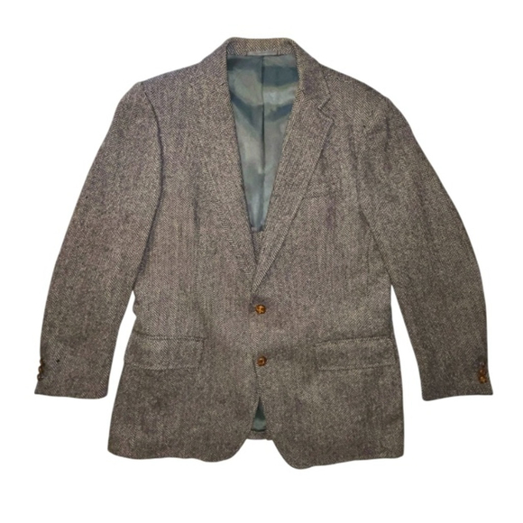 Wool Herringbone Tweed Blazer Sport Coat Jacket Men's 44R Tan Brown Academia